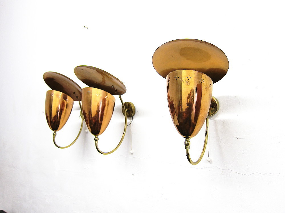 3 Mid Century Wall Lamps Copper Brass
